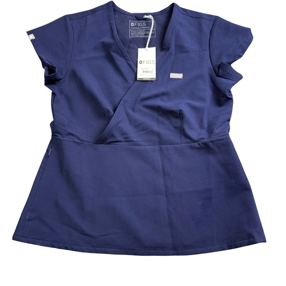 FIGS Tivoli Slim Surplice Peplum Scrub Top Women Small Navy Blue 1001158